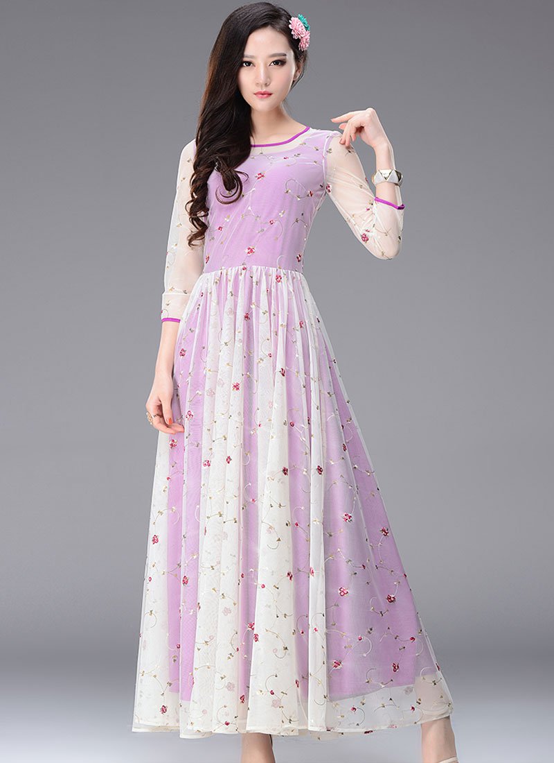 Floral Embroidered Orchid Maxi Dress with 3 Quarter Sleeves RM234