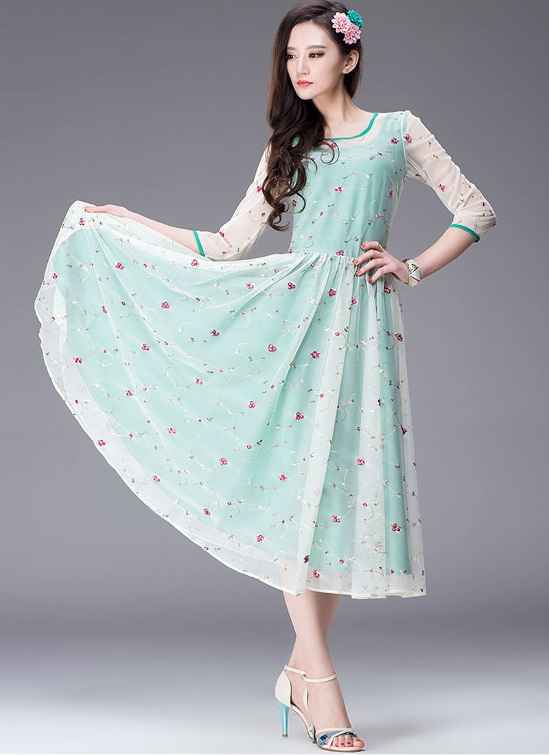 Floral Embroidered Turquoise Tea Dress with 3 Quarter Sleeves RM234