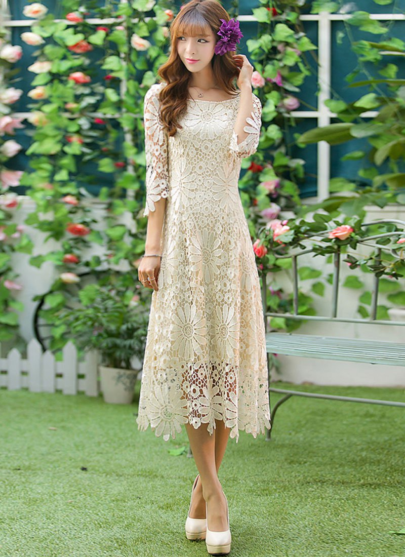 Beige Sunflower Lace Midi Dress with Raglan Sleeves and Asymmetric Hem RM237