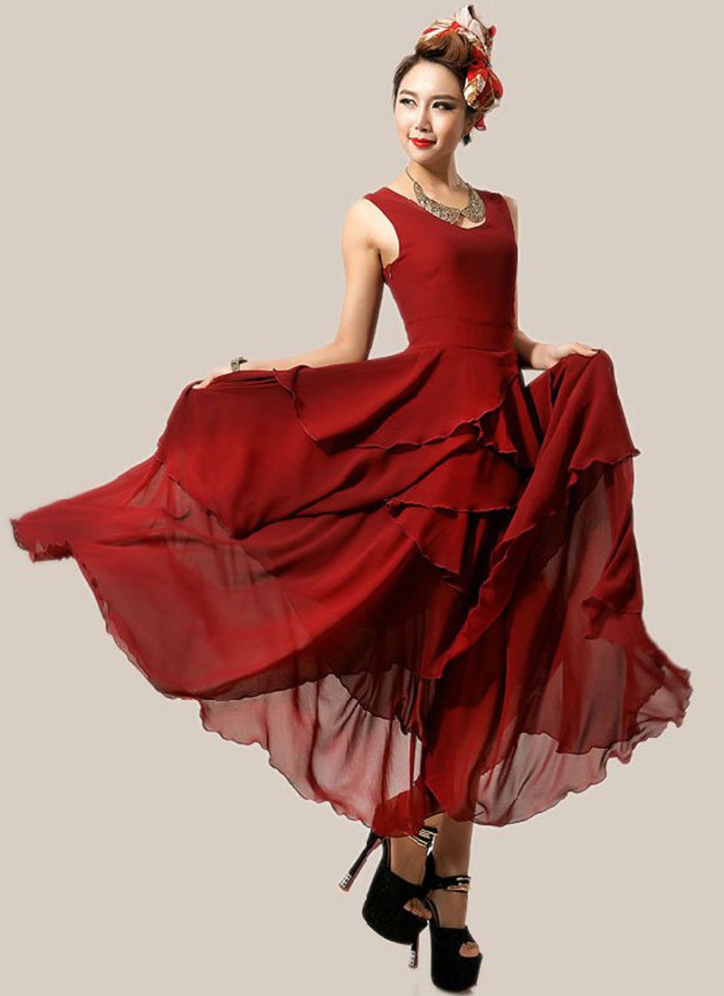 Asymmetric Burgundy Maxi Dress with Layered Skirt RM238