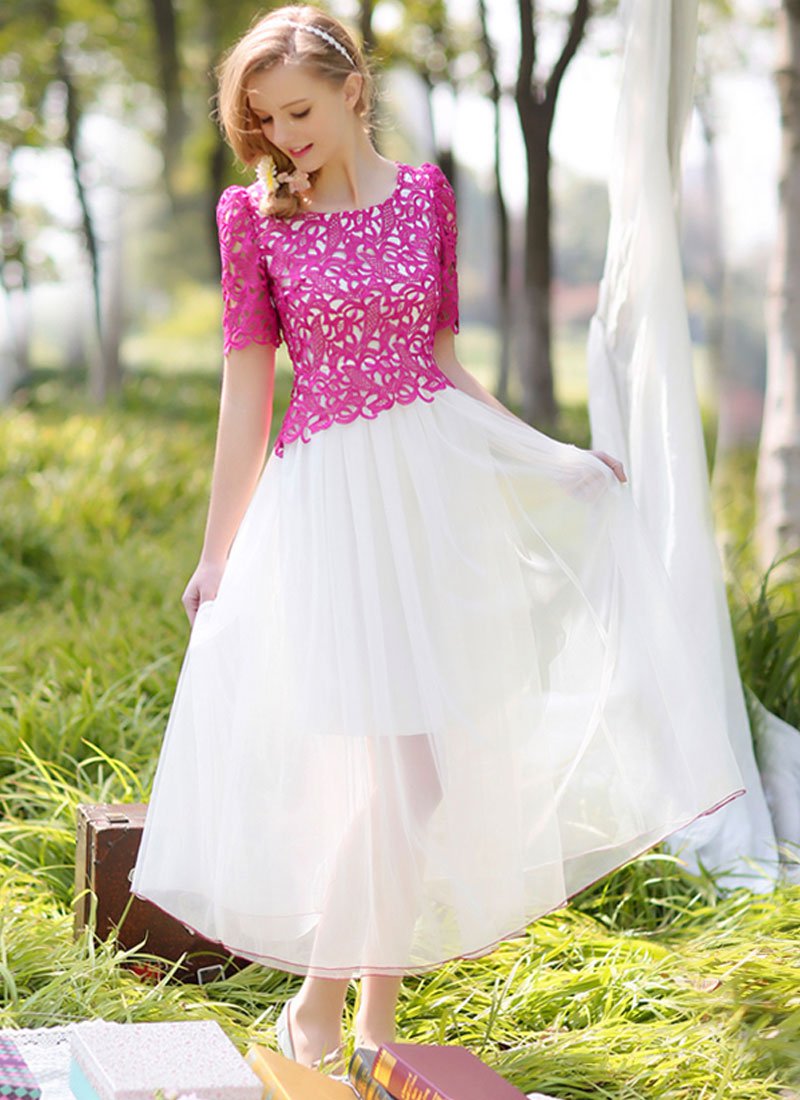 Contrast Color Lace Chiffon Maxi Dress with Fuchsia Top and White Skirt RM248