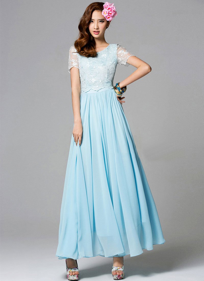 Light Blue Embroider Lace Chiffon Maxi Dress with Floral Appliqué RM252
