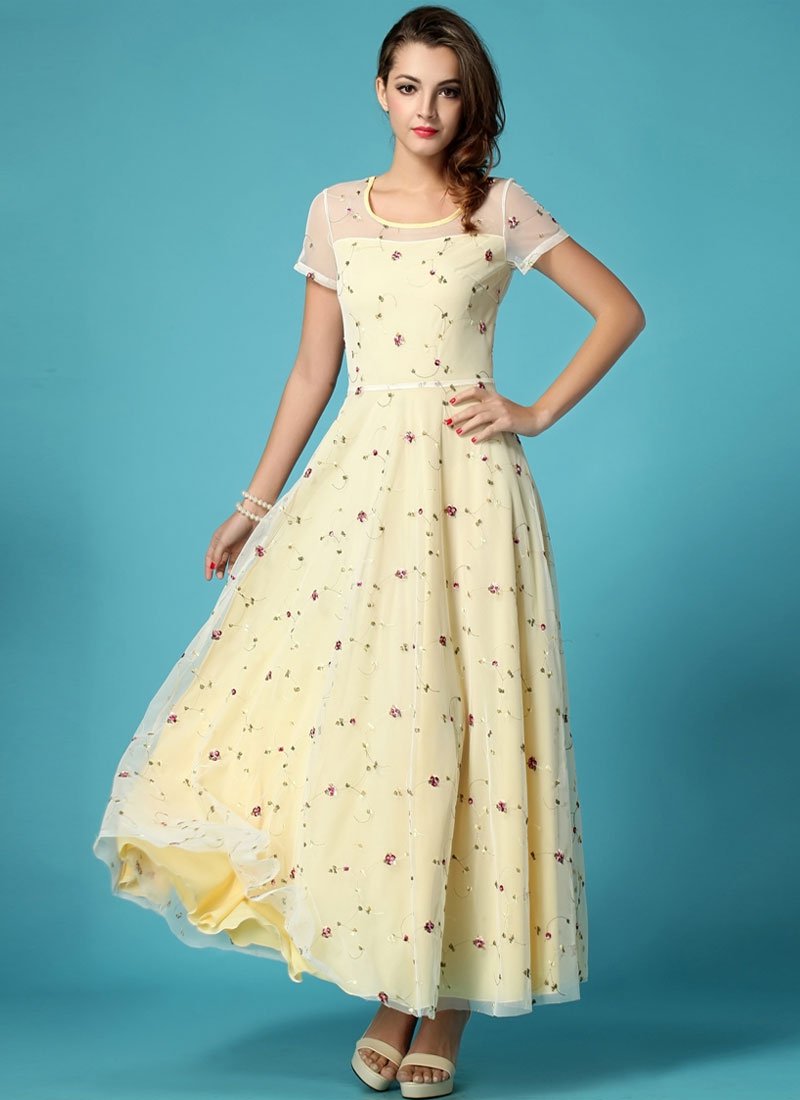 Floral Embroidered Ivory Lace Maxi Dress with Yellow Lining RM274