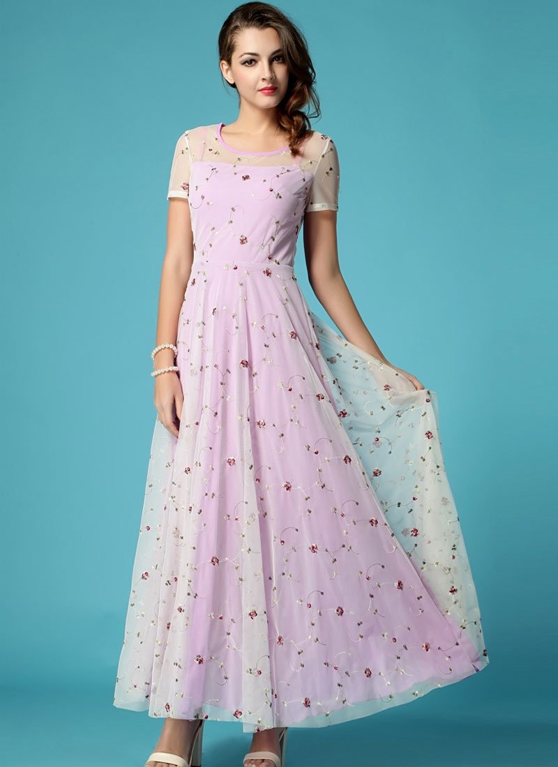 Floral Embroidered Ivory Lace Maxi Dress with Orchid Lining RM274