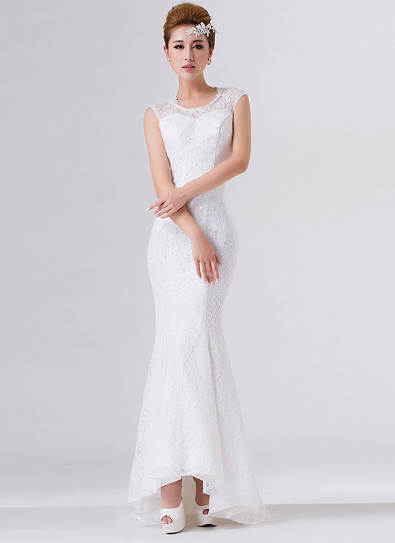 White Lace Mermaid Maxi Dress with Open Back RM279