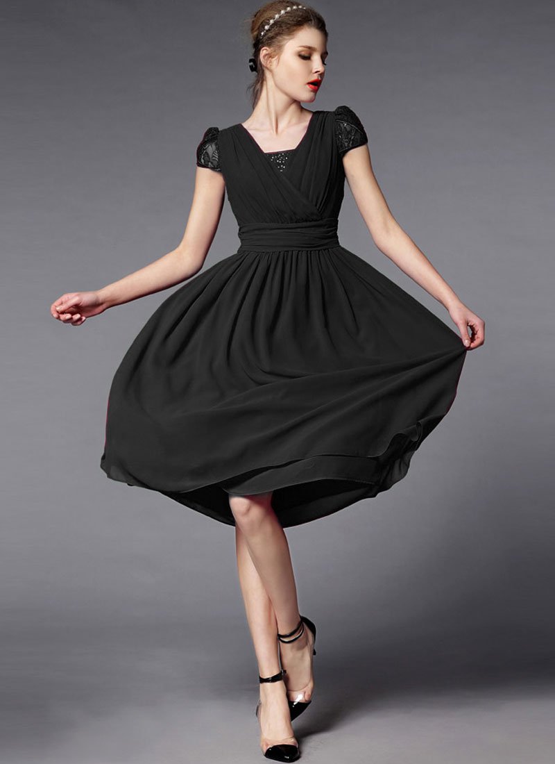 Black Midi Dress with Lace Details and Faux Surplice Bodice RM285