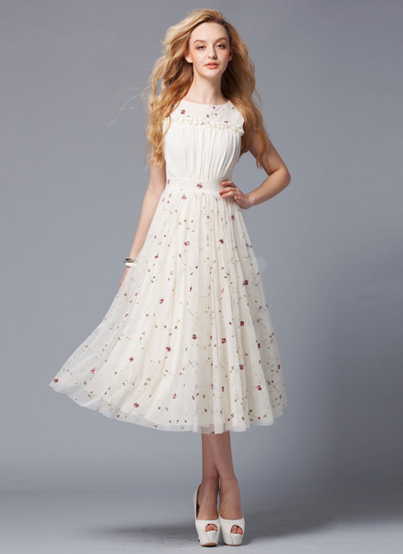 Ivory Lace Tea Dress with Ruffles and Ruched Front Bodice RM286