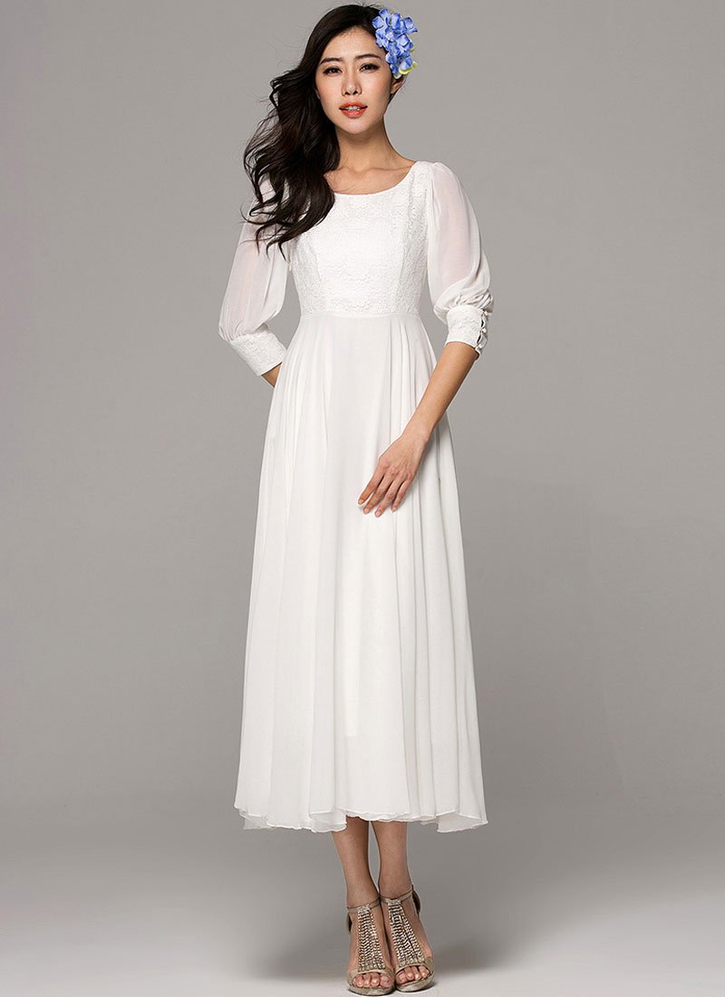 Half Sleeve White Maxi Dress with Lace Details on the Front Bodice and Cuff RM295