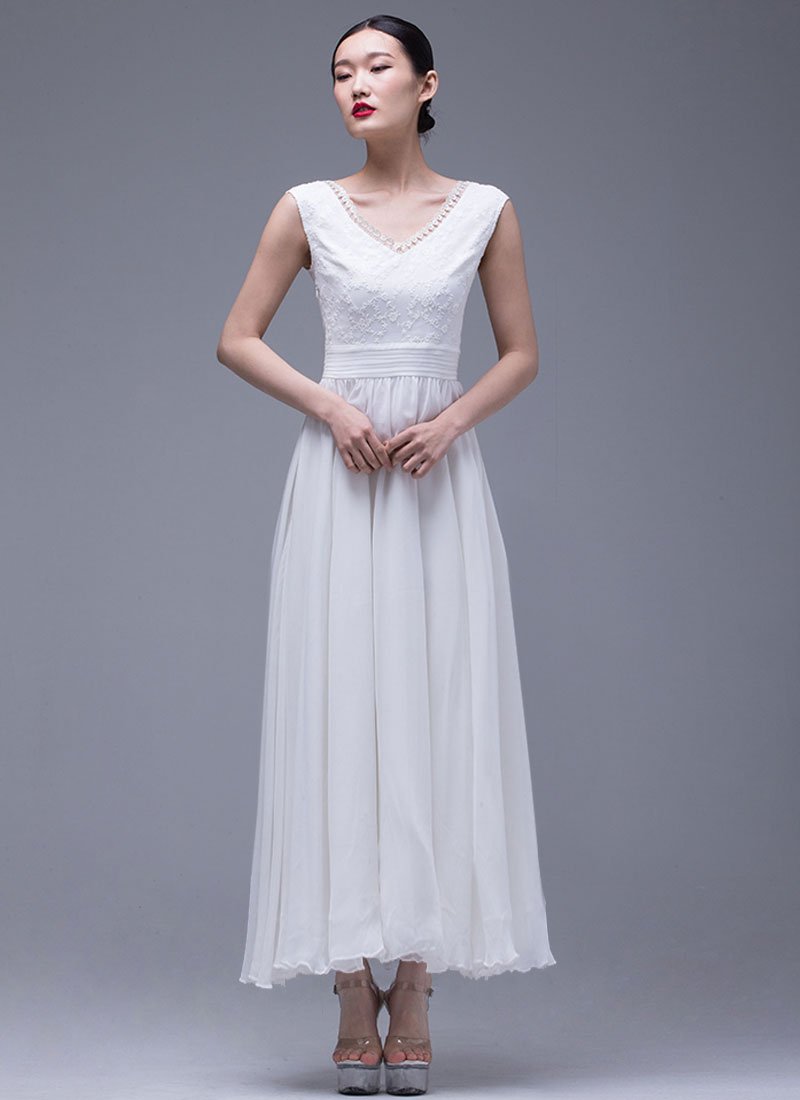 White Lace Chiffon Maxi Dress with V Neck and Pleated Waist Yoke RM296