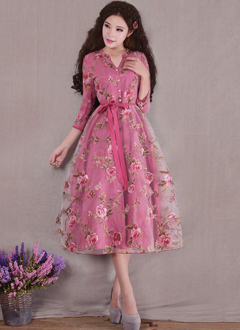 Pale Violet Red Organza Tea Dres with Floral Print and Shirt Top RM300