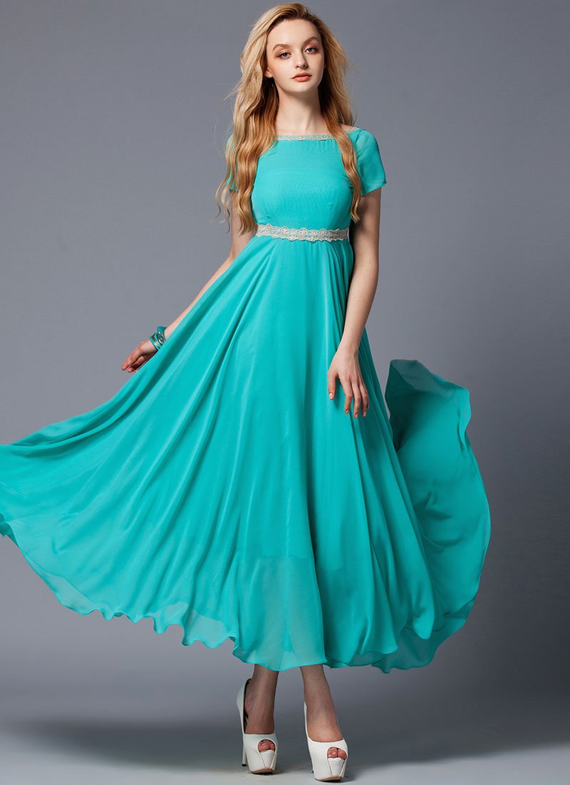 V Back Dark Turquoise Maxi Dress with Beige Lace Trim Details RM302