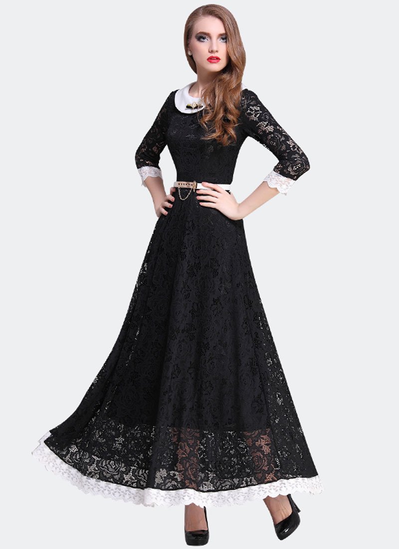 Black Lace Maxi Dress with White Peter Pan Collar RM311