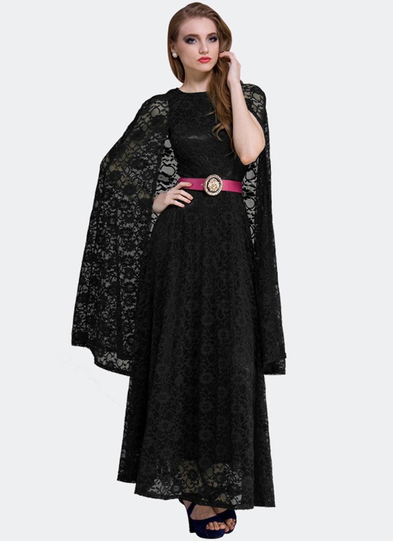 Black Lace Maxi Dress with Cloak RM312