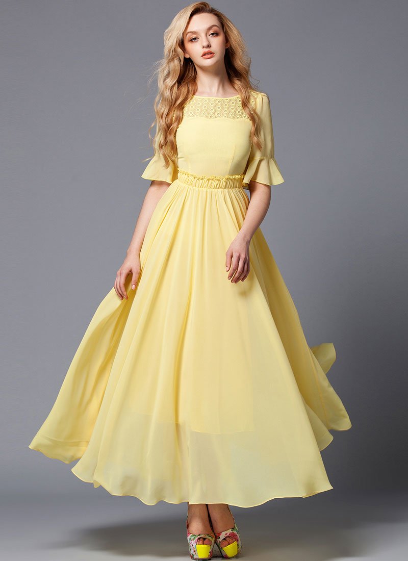 Yellow Maxi Dress with Lace Details and Lantern Sleeves RM318