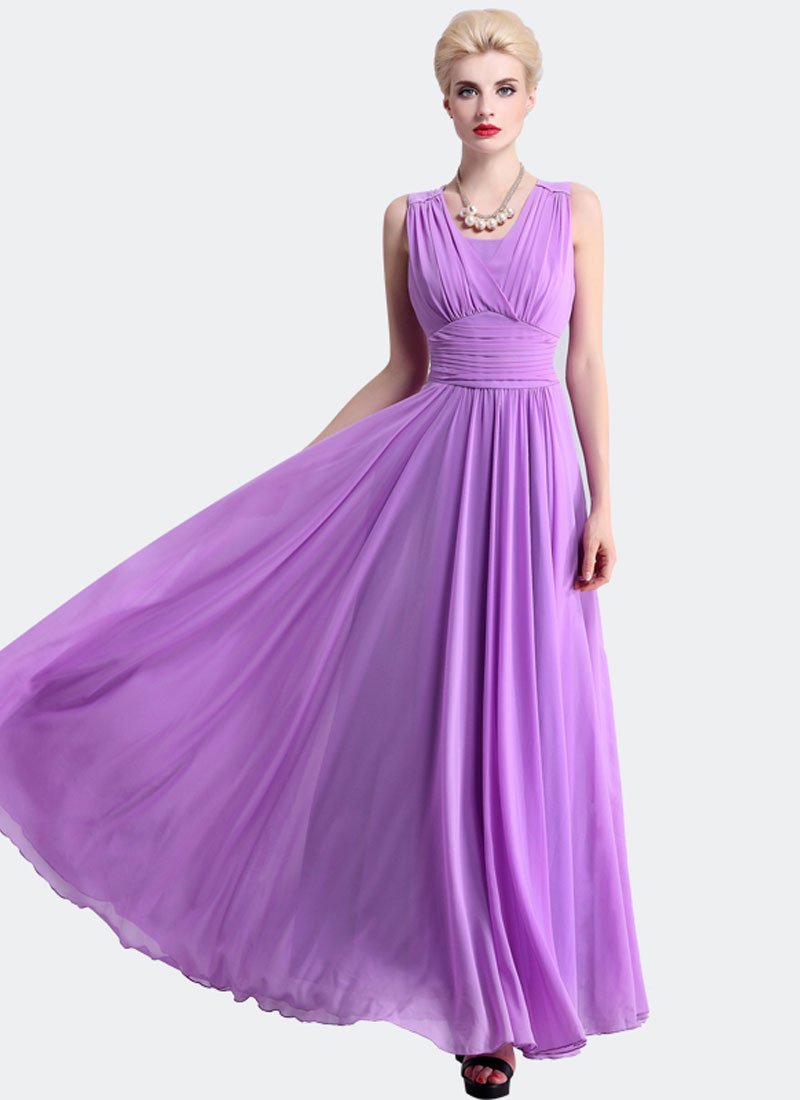 Radien Orchid Maxi Dress with V Neck and Wide Ruched Waist Yoke RM319