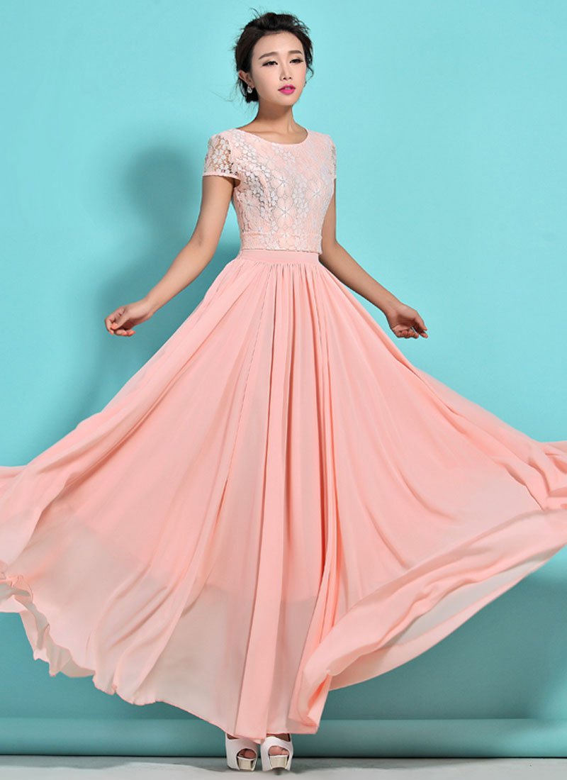 Dusty Rose Pink Lace Chiffon Maxi Dress with Cap Sleeves RM320
