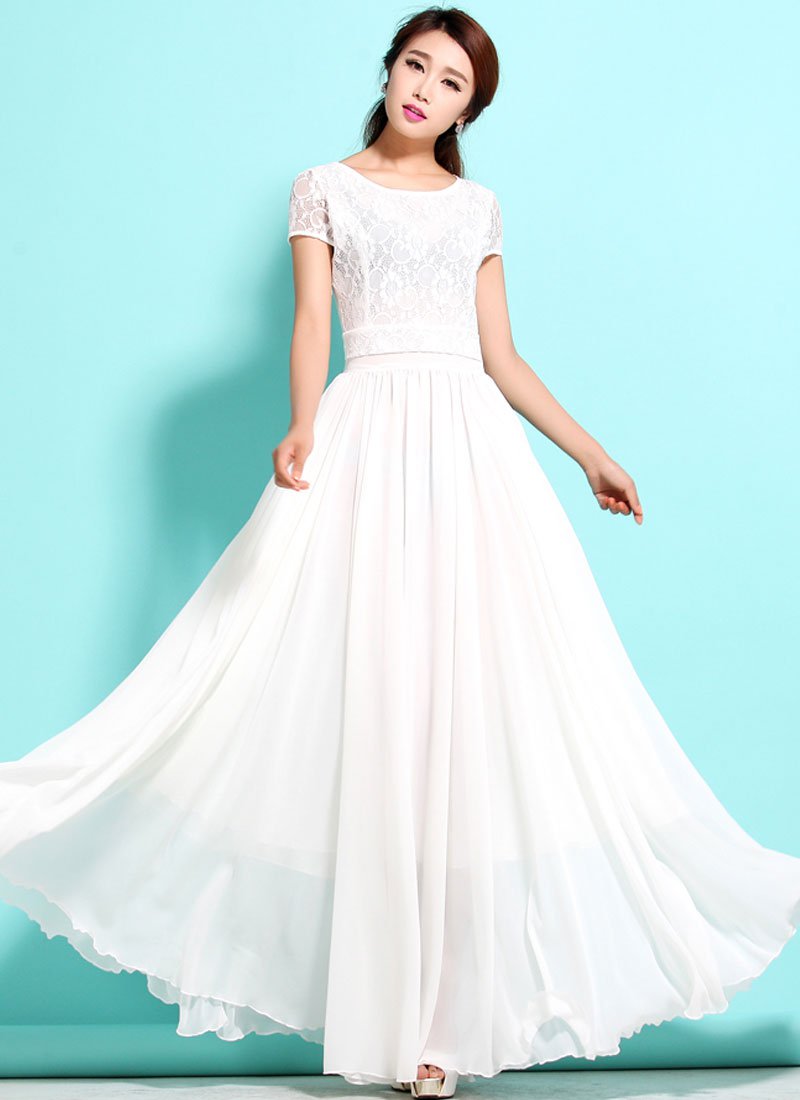 White Lace Chiffon Maxi Dress with Cap Sleeves RM320