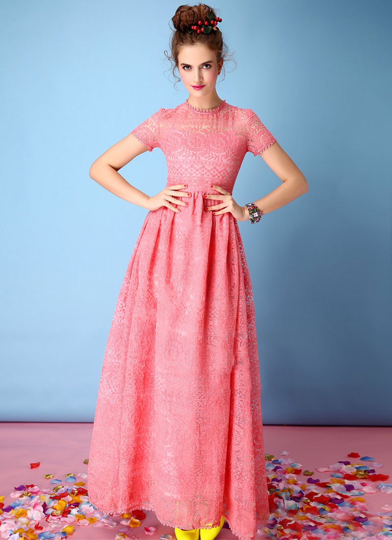 Light Coral Embroidered Organza Lace Maxi Dress RM325