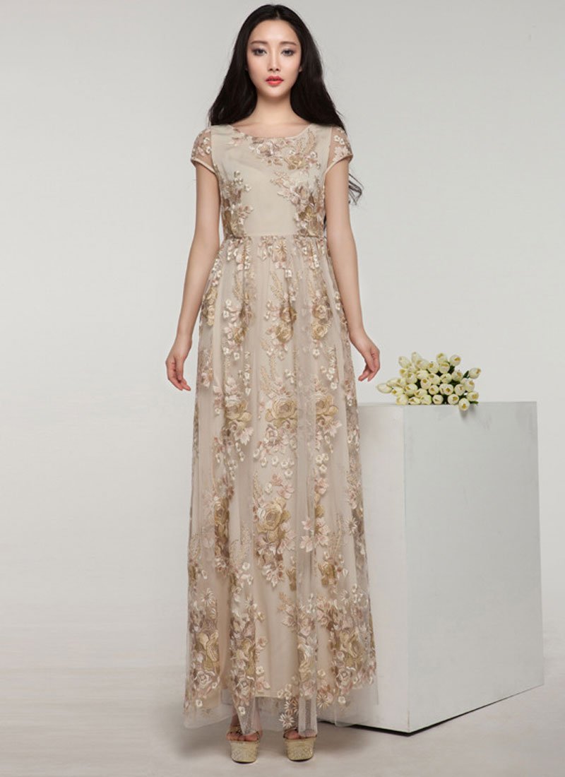 Floral Embroidered Champaign Maxi Dress with Rhinestone Embellishment RM330