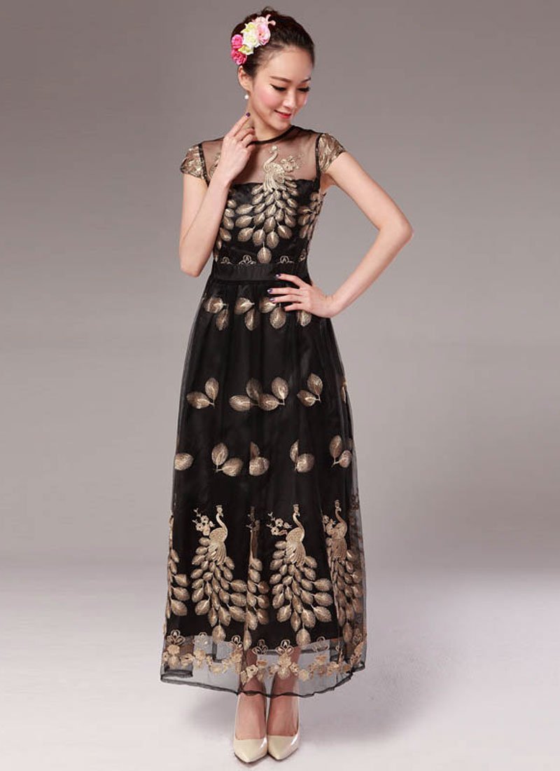 Peacock Embroidered Black Organza Maxi Dress with Cap Sleeves RM333
