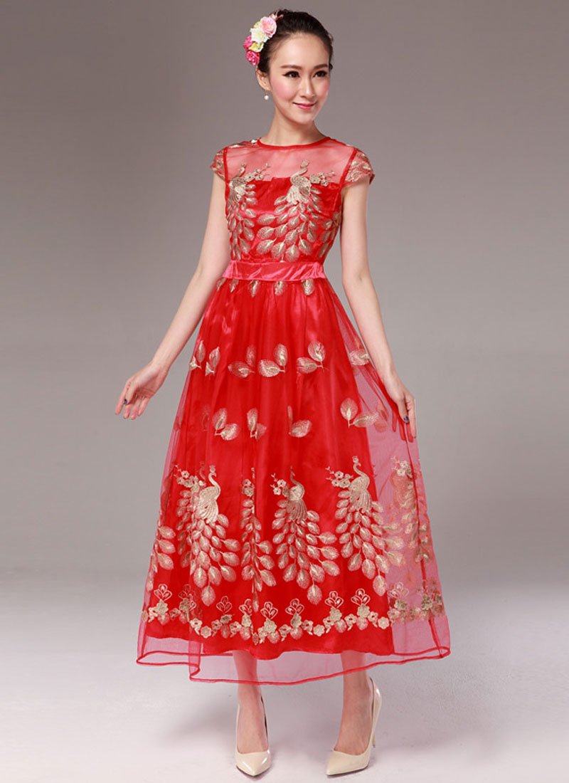 Peacock Embroidered Red Organza Maxi Dress with Cap Sleeves RM333