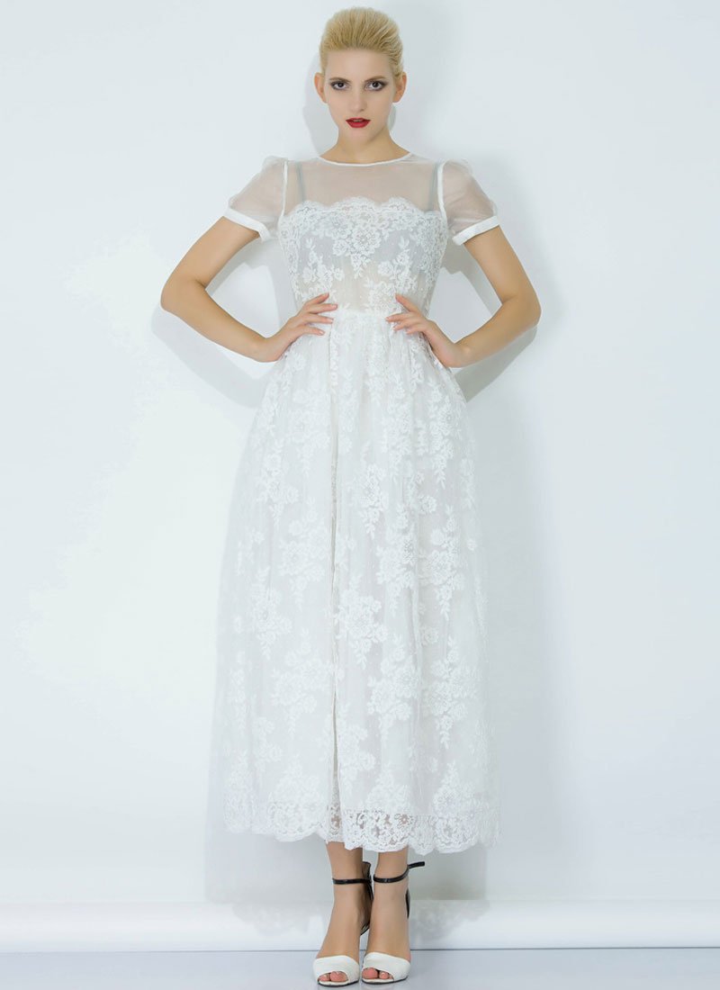 White Lace Organza Maxi Dress with Eyelash Details RM344