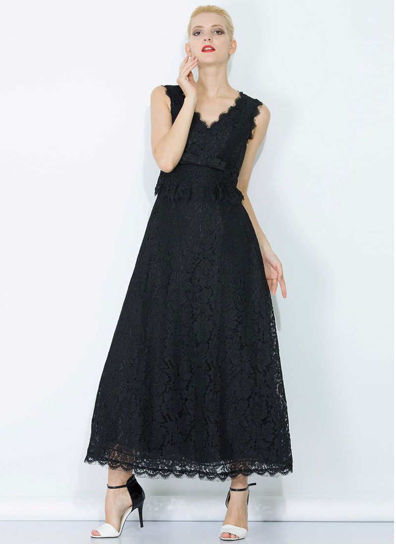 Black Lace Peplum Maxi Dress with Bow Belt and Eyelash Details RM345