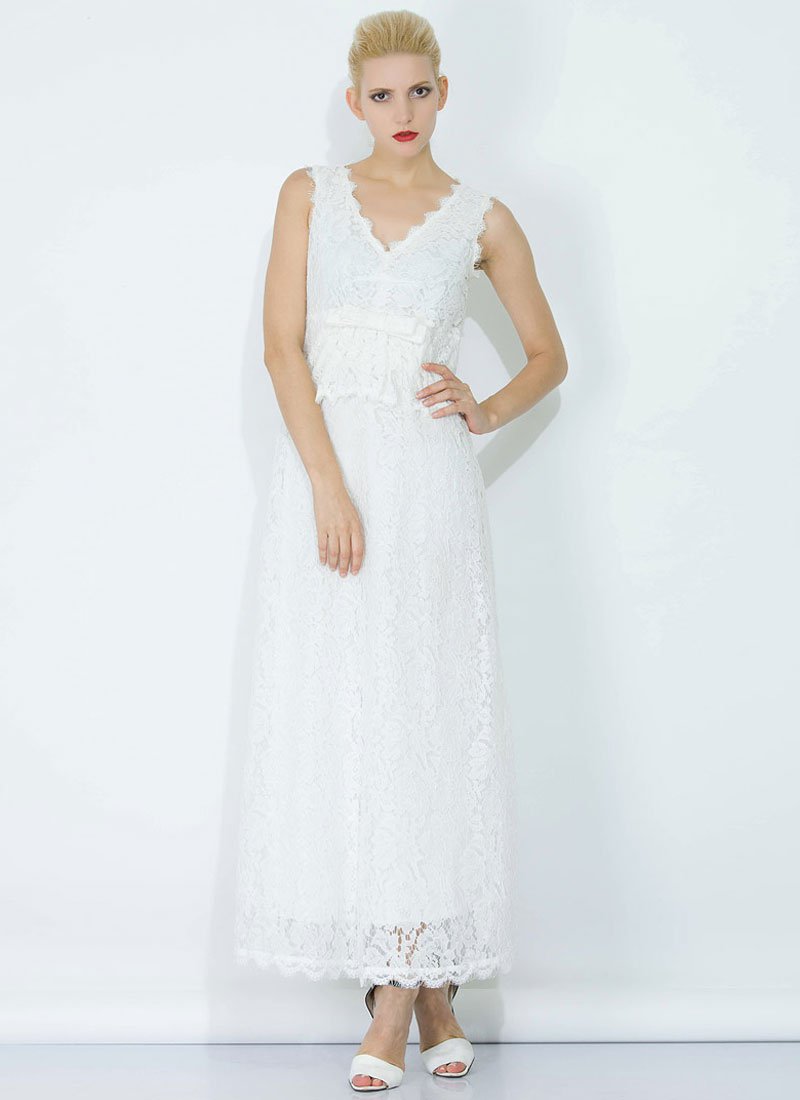 White Lace Peplum Maxi Dress with Bow Belt and Eyelash Details RM345