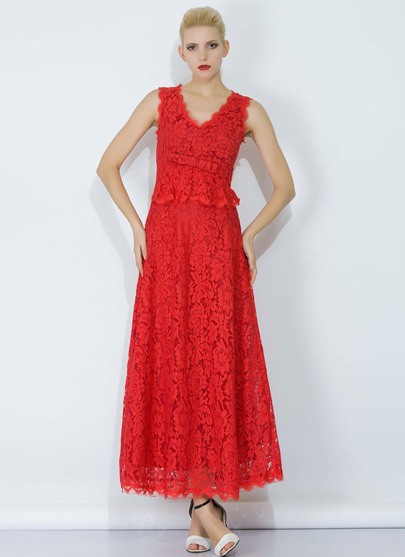Red Lace Peplum Maxi Dress with Bow Belt and Eyelash Details RM345