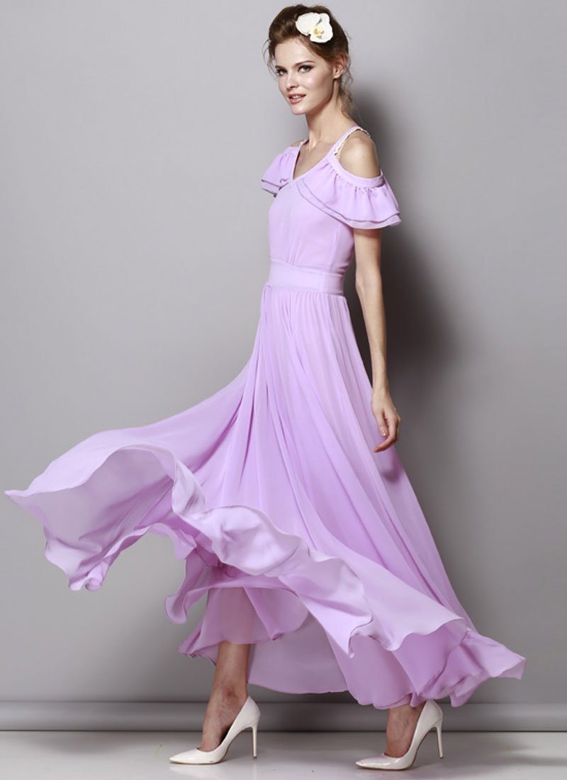 Open Shoulder Violet Chiffon Maxi Dress with Flounce Details RM347