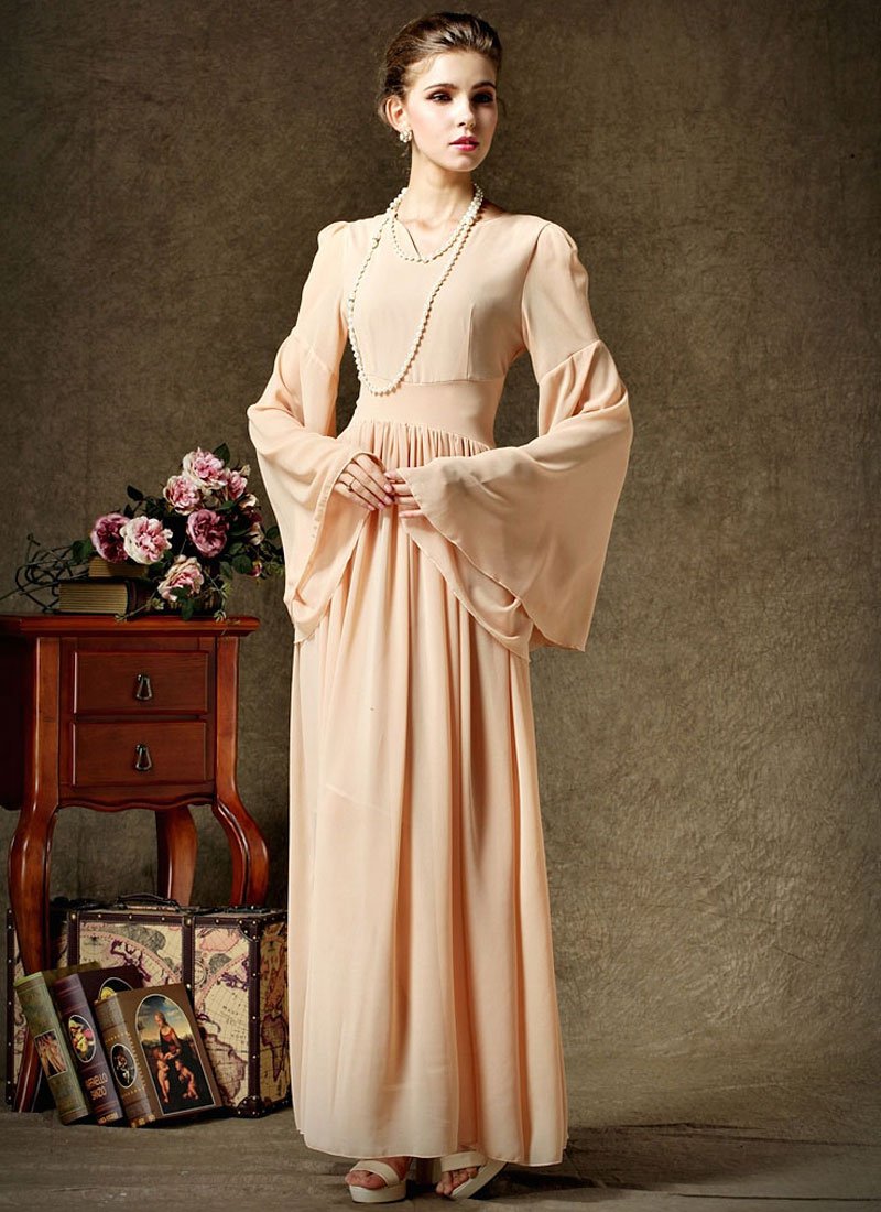 Burly Wood Maxi Dress with Trumpet Sleeves and Curvy Waist Yoke RM349