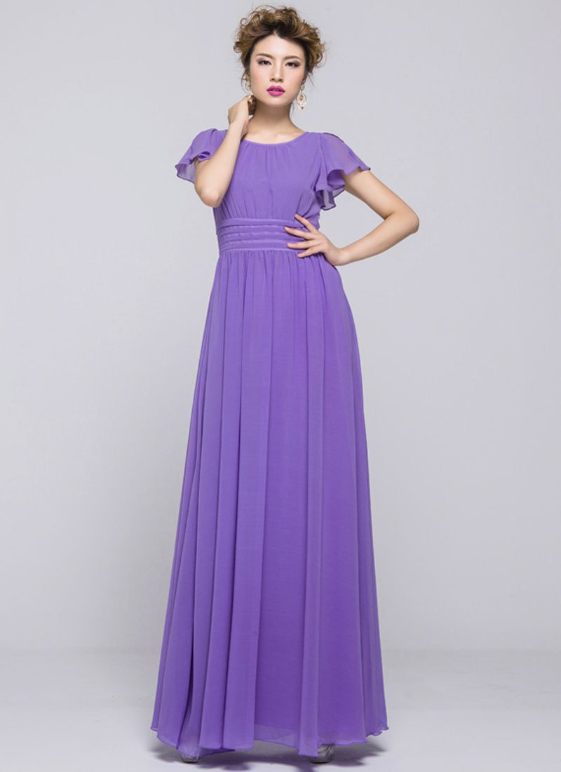 Purple Maxi Dress with Pleated Waist Yoke and Flutter Sleeves RM351
