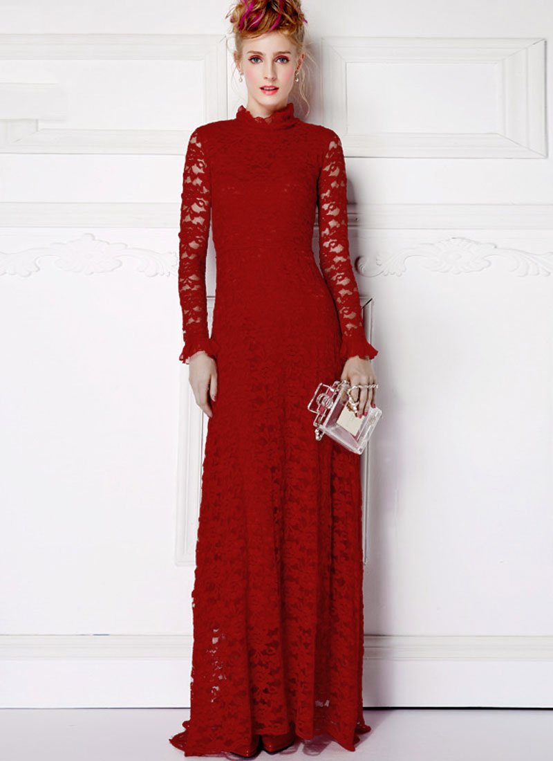 Long Sleeved Maroon Lace Maxi Dress with Ruffled Neck and Cuff RM359