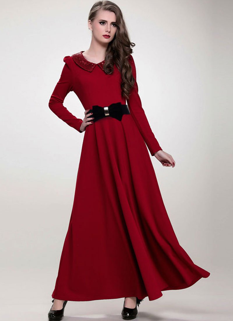 Maroon Maxi Dress with Sequined Peter Pan Collar RM369