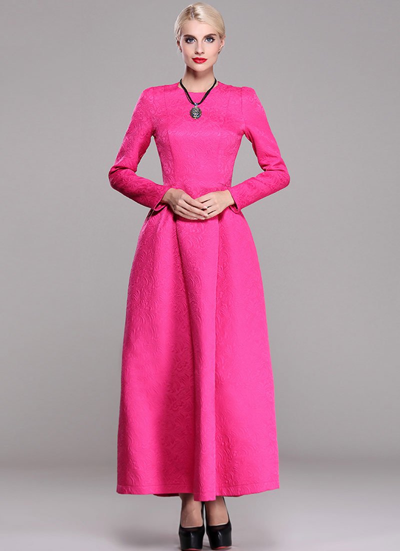 Long Sleeve Fuchsia Jacquard Maxi Dress RM370
