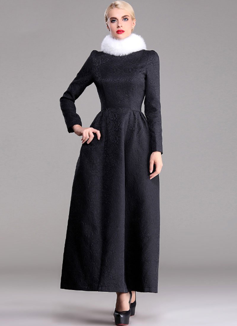Long Sleeve Black Jacquard Maxi Dress RM373