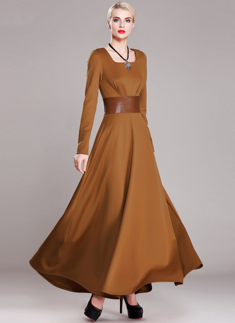 Sienna Maxi Dress with Square Collar and PU Leather Waist Yoke RM374