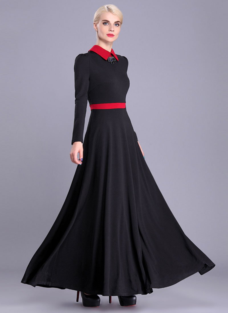 Long Sleeve Black Maxi Dress with Red Collar and Waist Yoke RM378