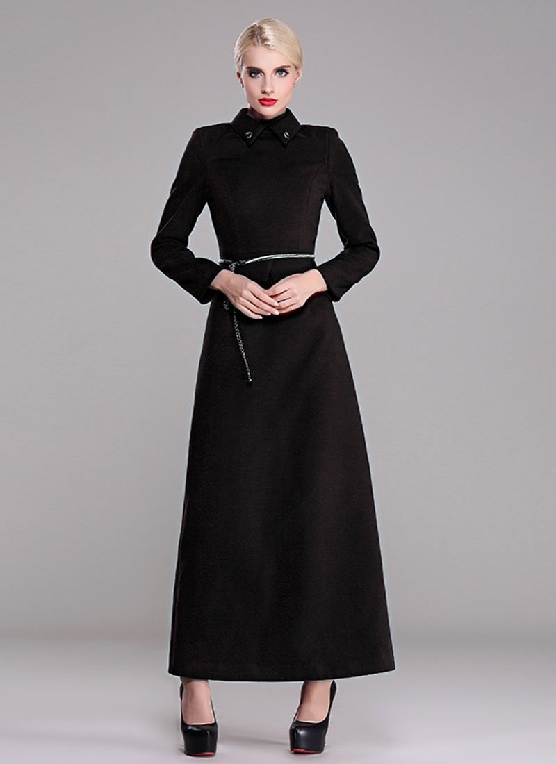 Black Wool Blend Maxi Dress with Asymmetric Peplum RM379