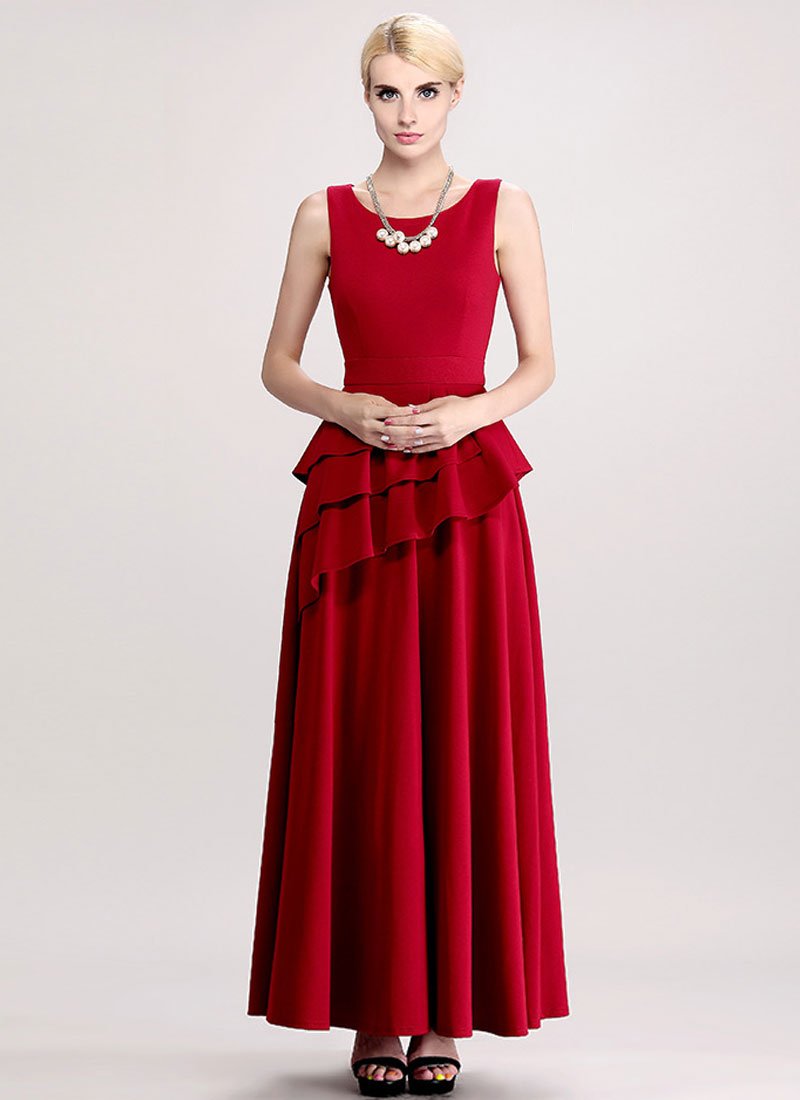 Wine Red Maxi Dress with Asymmetric Multi Layered Peplum RM387