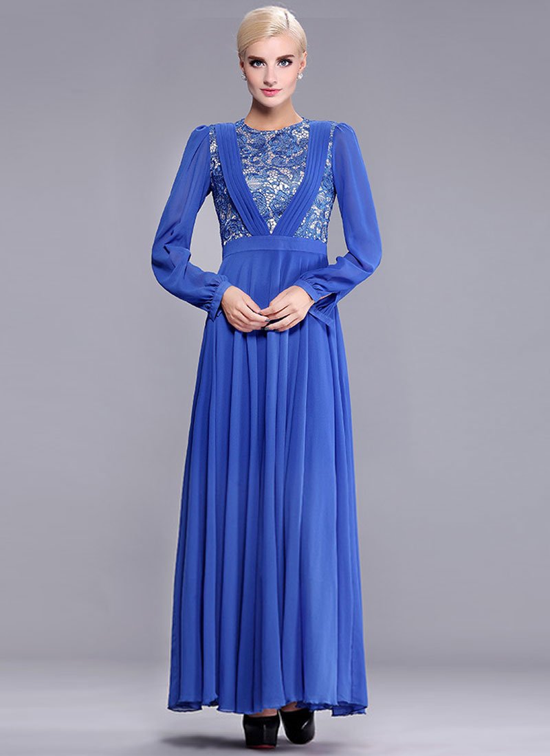 Sapphire Lace Chiffon Maxi Dress with Pleated V Top RM391
