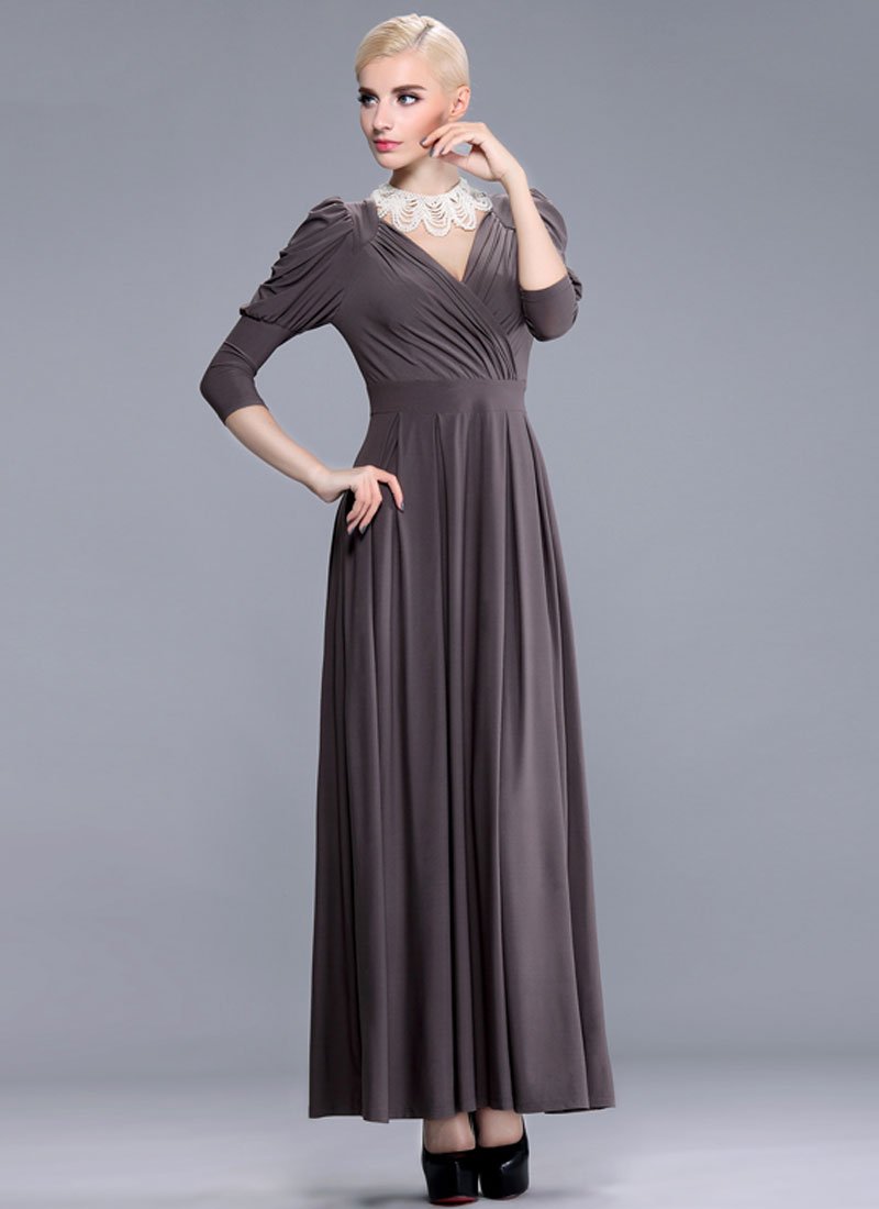 V Neck Dark Brown Maxi Dress with Bishop Sleeves RM392
