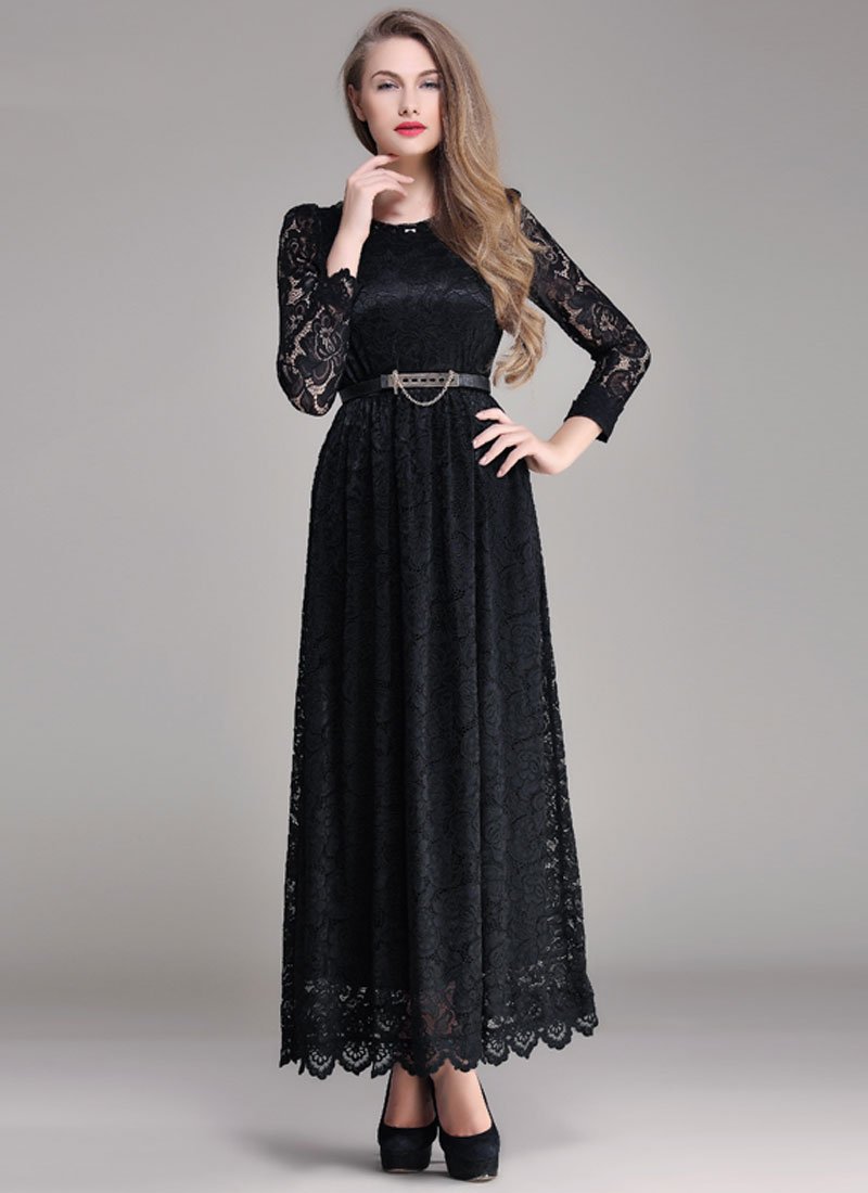 Black Lace Maxi Dress with Scalloped Hem and Cabochon Embellished Neck RM393