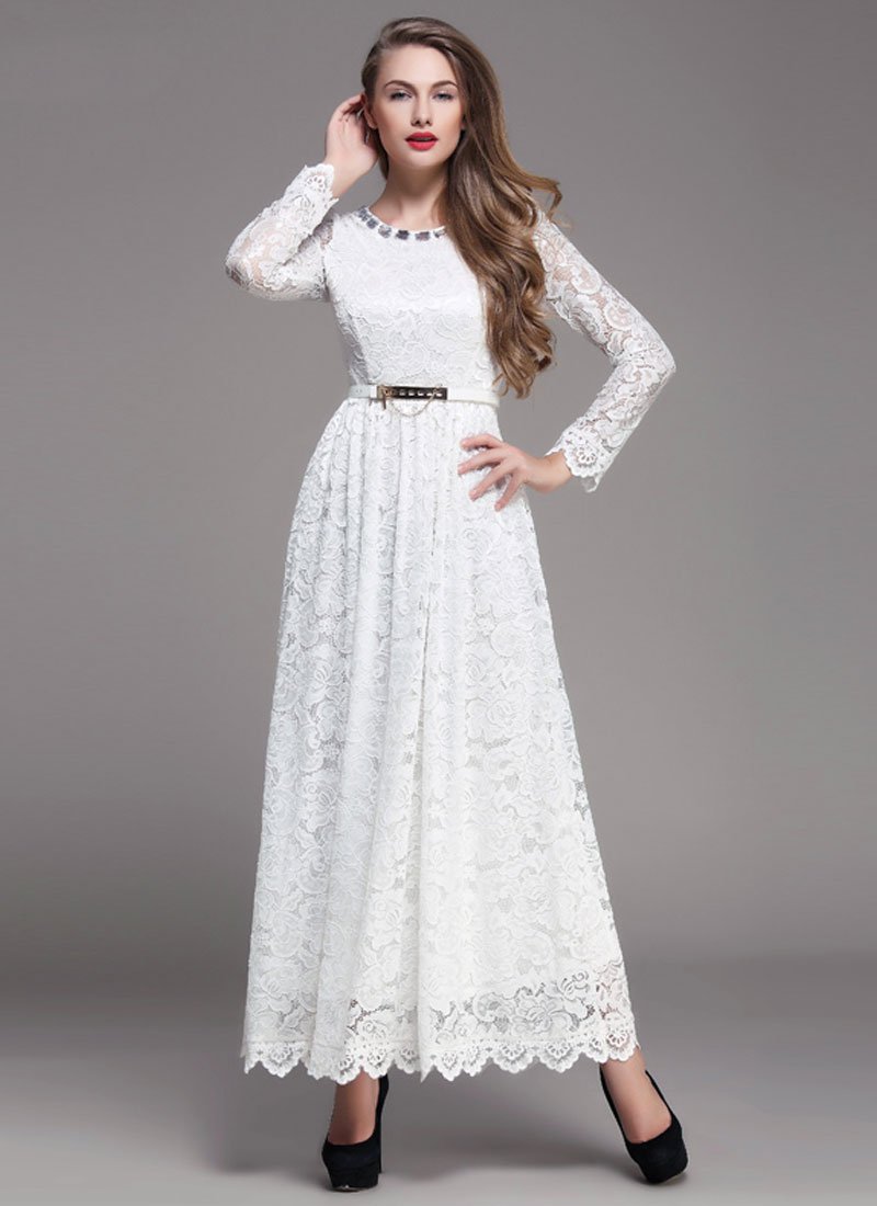 White Lace Maxi Dress with Scalloped Hem and Cabochon Embellished Neck RM393