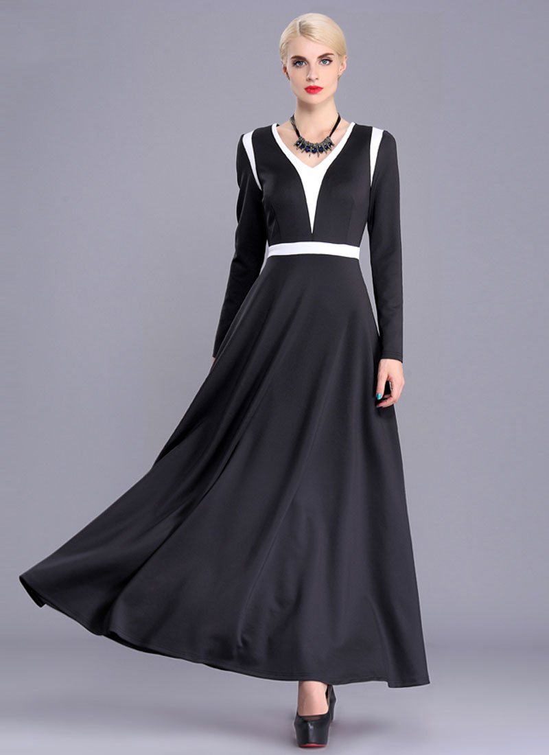 Contrast Colored Black Maxi Dress with White Panel Insertion RM394