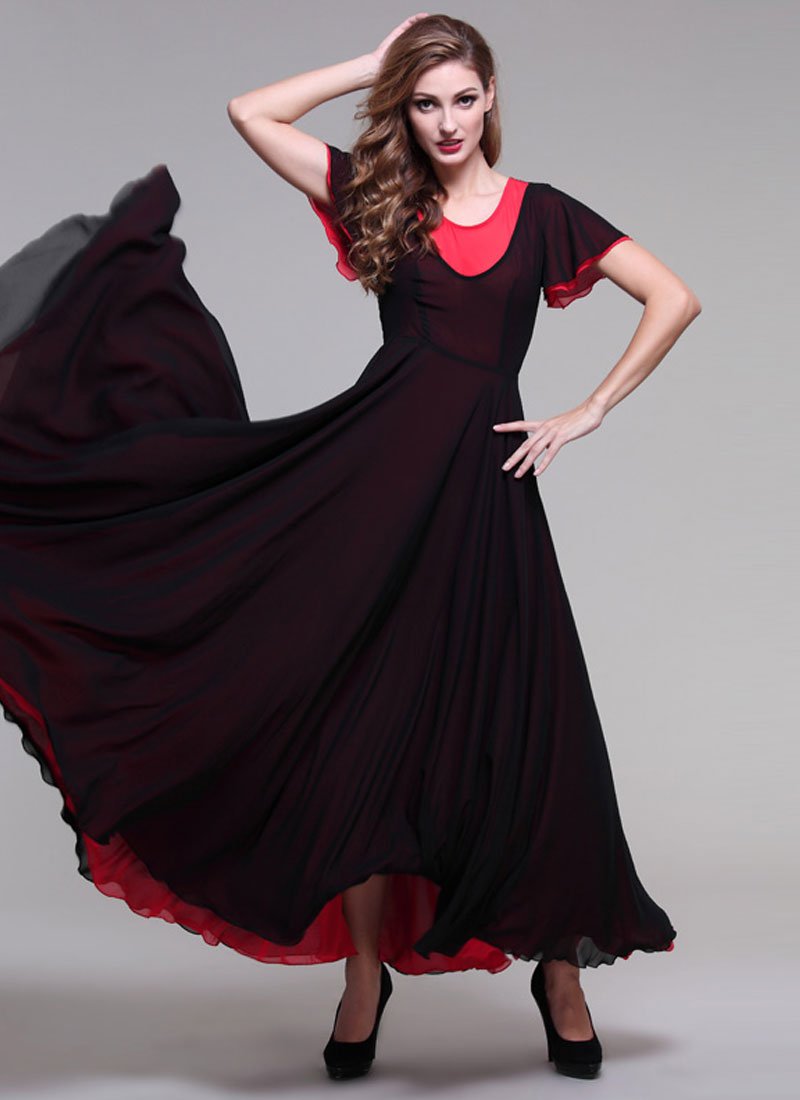 Black and Red Maxi Dress with Flutter Sleeves RM400