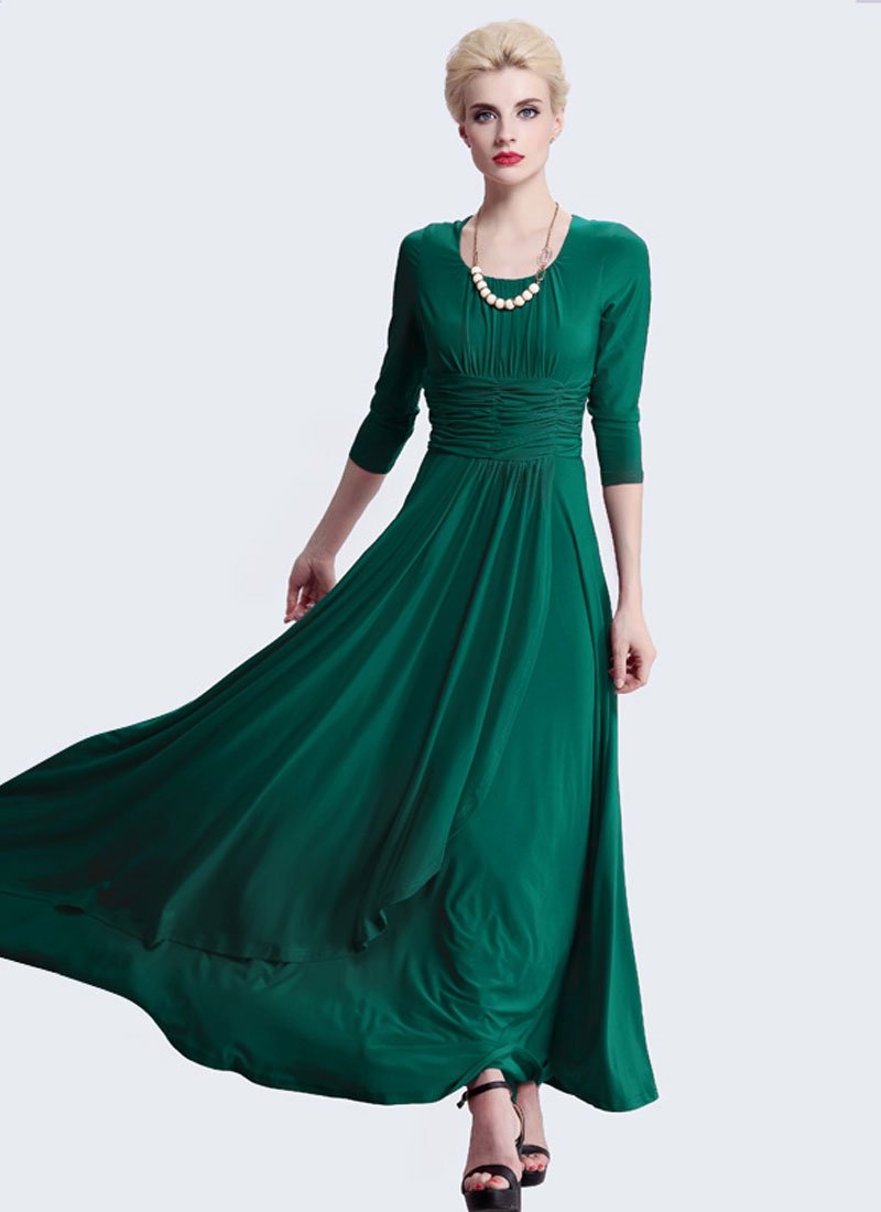 Half Sleeved Emerald Green Maxi Dress with Ruched Wide Waist Yoke RM402