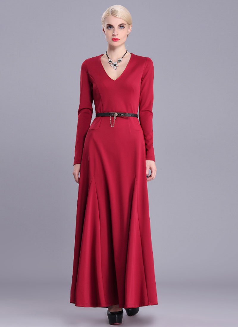 V Neck Red Maxi Dress with Long Sleeves RM404
