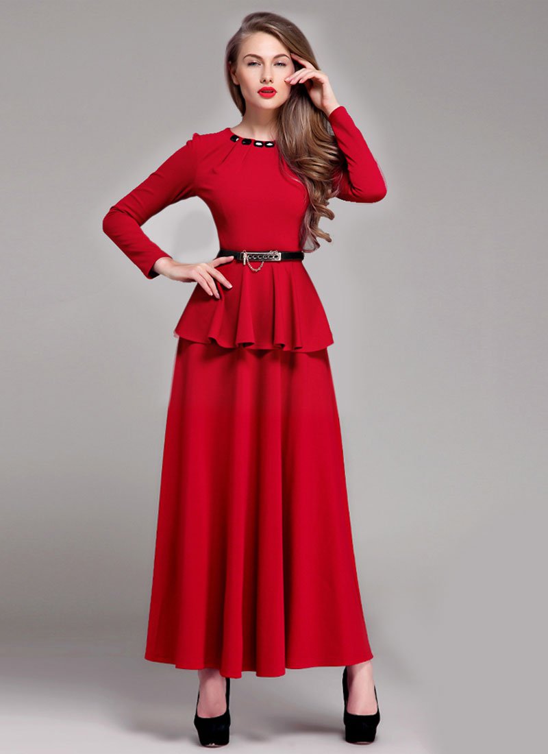 Red Peplum Maxi Dress with Cabochon Neck RM405