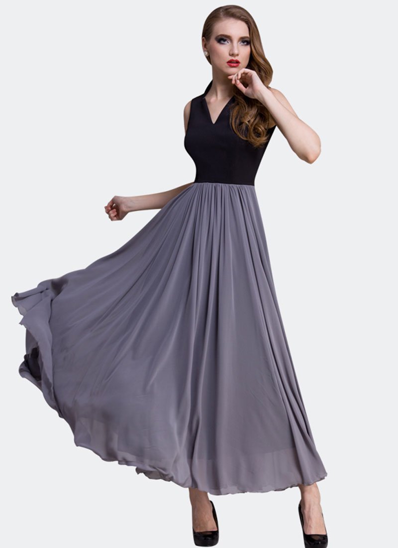 Black and Gray Maxi Dress with Queen Ann Neck RM407